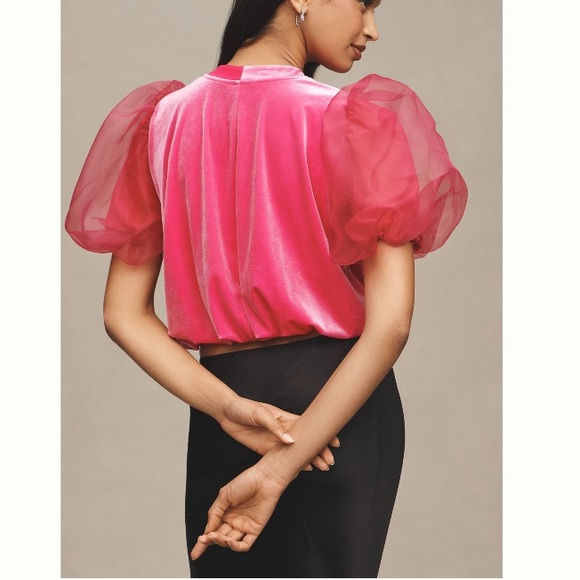 Maeve Elegant Pink Puff Sleeve Velvet Top - Picture 3 of 12